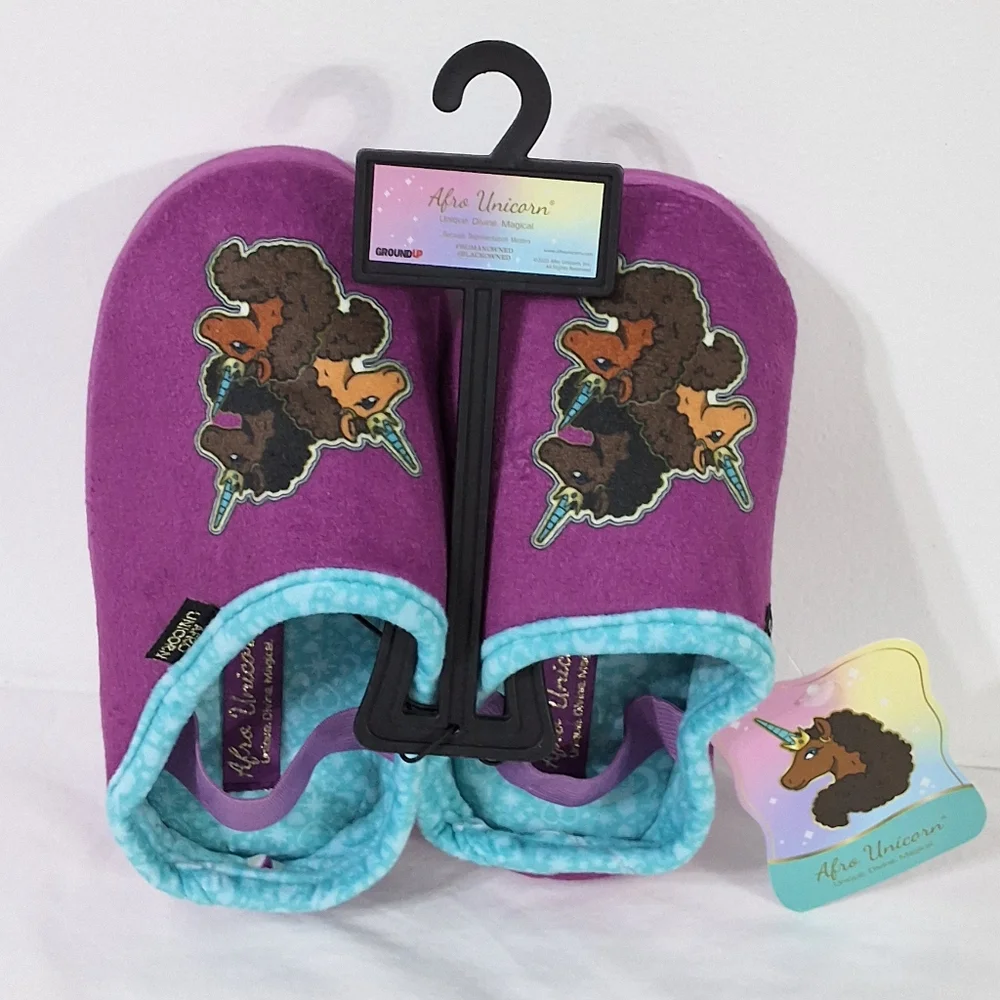 Afro Unicorn Girls Plush Purple Aline Slippers, Size 9/10, New With Tag